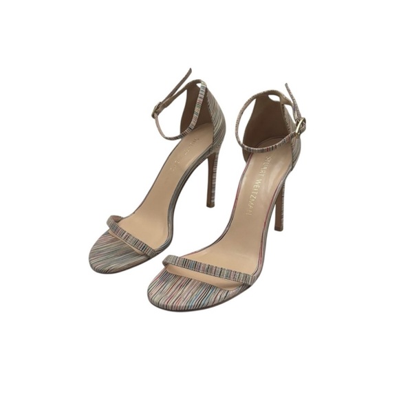 Stuart Weitzman Nudistsong Bisque Prism Sexy Stiletto striped high heels 7 1/2 - Picture 1 of 16